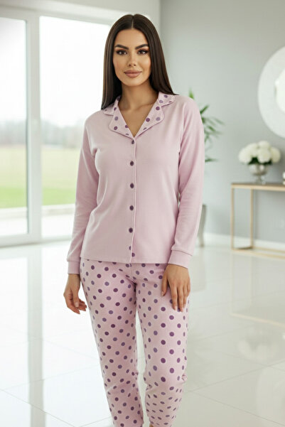 Pijamaevi Powder Pink Dot Pattern Thermal Front Buttoned Long Sleeve Women's Pajama Set