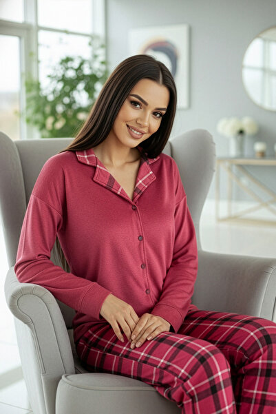 Pijamaevi Red Plaid Pattern Thermal Front Buttoned Long Sleeve Women's Pajama Set