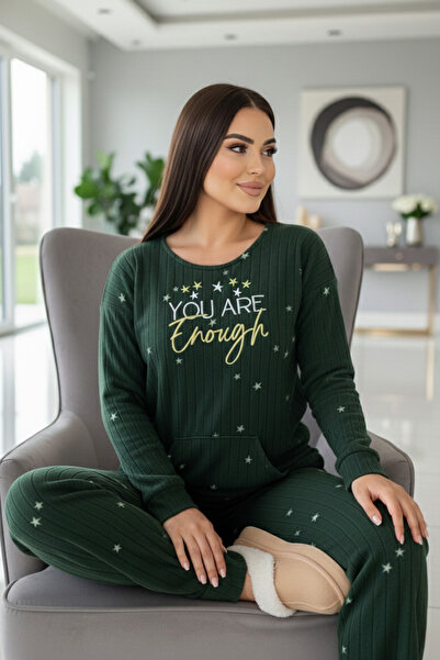 Pijamaevi Green Enough Patterned Kangaroo Pocket Plush Fleece Pajama Set