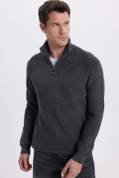 Tudors Ανδρικό πλεκτό πουλόβερ με λεπτή εφαρμογή με φερμουάρ σε γκρι γιακά