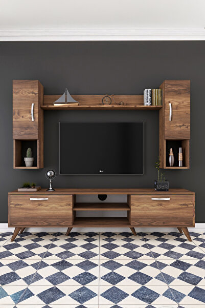 Rani Mobilya Rani A9 Raflı Tv Ünitesi Tv Sehpası Duvara Monte Raflı Modern Ayaklı 180 Cm Minyatür Ceviz M27