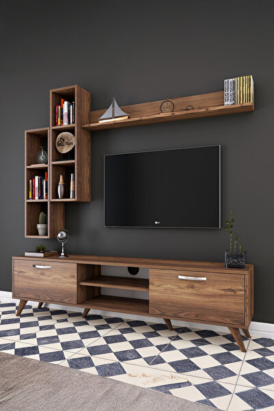 Rani Mobilya Rani A9 Raflı Tv Ünitesi Tv Sehpası Duvara Monte Raflı Modern Ayaklı 180 Cm Minyatür Ceviz M16