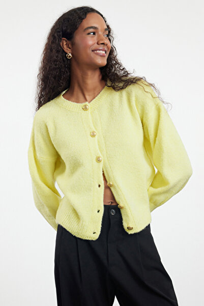 Trendyol Collection Yellow Button Detailed Balloon Sleeve Soft Textured Coat-Looking Knitwear Cardigan Twoaw25Hi00147