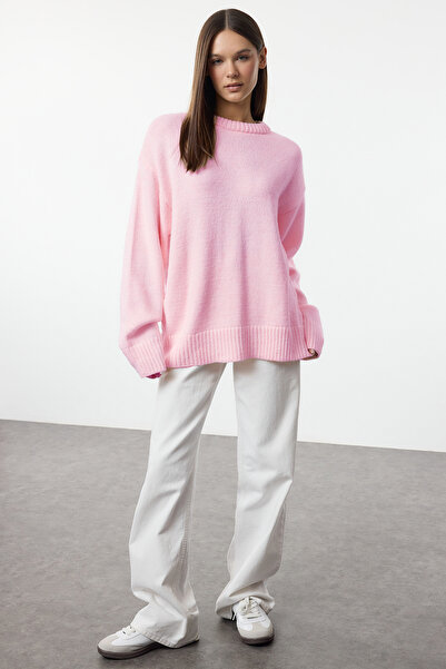 Trendyol Collection Rosa Strickpullover mit weitem Muster und Rundhalsausschnitt TWOAW25KZ00168