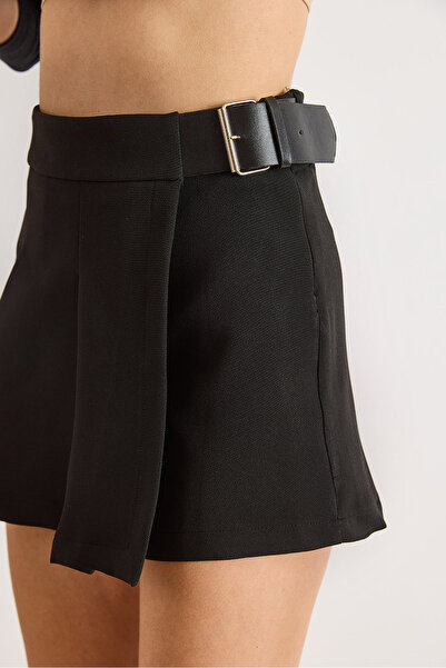 Olalook Γυναικεία μαύρη φούστα με πλισέ ζώνη με λεπτομέρεια μίνι τοκ ETK-19000370