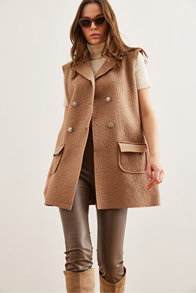 Olalook Women's Camel Buttoned Pocket Boucle Vestylk- 19000050