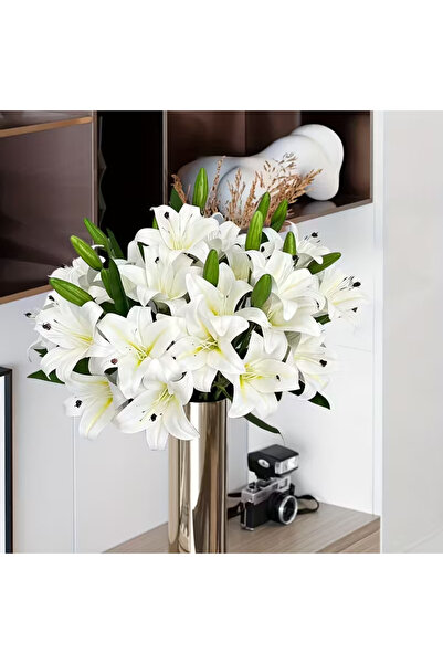 Yapay Çiçek Deposu Yapay Çiçek 9lu Islak Lilyum Demeti 55 cm Beyaz