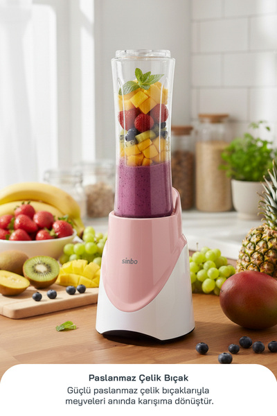 Sinbo SHB-7508 300W Smoothie Blender |Paslanmaz Çelik Bıçaklı, 570 ml Tritan Sporcu Matarası-Pembe