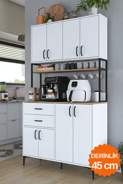 Rani Mobilya Rani JE213 Kahve Köşesi Çok Amaçlı Dolap 8 Kapaklı Çekmeceli Kiler Mutfak Dolabı Beyaz - Sepet Ceviz