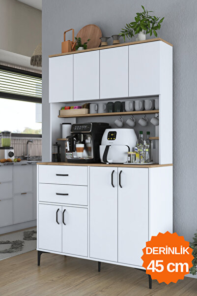 Rani Mobilya Rani JE212 Kahve Köşesi Çok Amaçlı Dolap 8 Kapaklı Çekmeceli Raflı Kiler Dolabı Beyaz - Sepet Ceviz