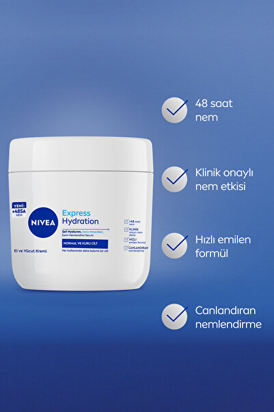 NIVEA Yoğun Nemlendirici El Ve Vücut Bakım Kremi Express Hydration 400ml, Kuru Cilt, Saf Hylaron