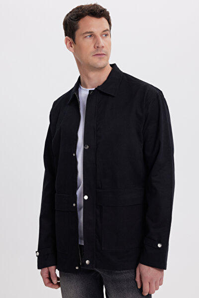 Tudors Men's relaxed fit comfortable cut 100% cotton double pocket zip-up black jacket shirt