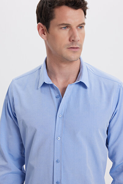 Tudors Men's modern fit slim cut cotton easy iron dobby blue shirt