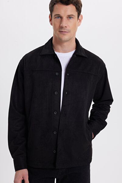 Tudors Men's Relax Fit Comfortable Cut Plain Suede Side Pocket Black Jacket Shirt