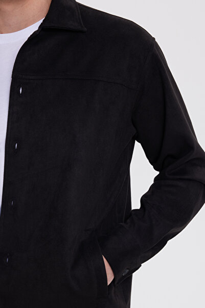 Tudors Men's Relax Fit Comfortable Cut Plain Suede Side Pocket Black Jacket Shirt
