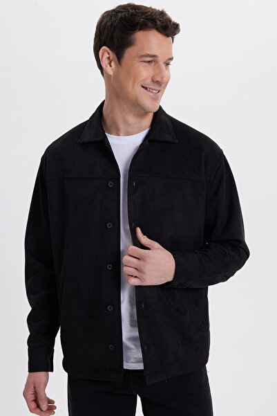 Tudors Men's Relax Fit Comfortable Cut Plain Suede Side Pocket Black Jacket Shirt