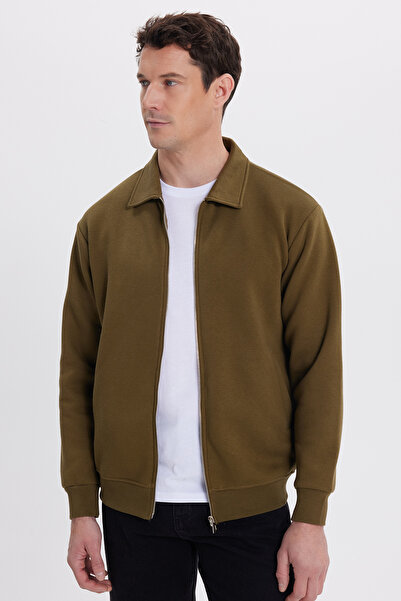 Tudors Unisex Relax Fit Comfortable Cut Cotton Inner Fleece Zippered Green Polo Neck Sweatshirt Cardigan with Pockets