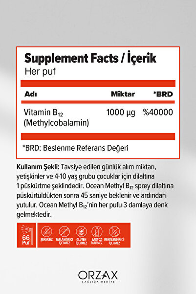 Ocean Methyl B12 Dilaltı Sprey - Vitamin B12 Takviye Edici Gıda - 1000 µg (Metilkobalamin) - 10 ml