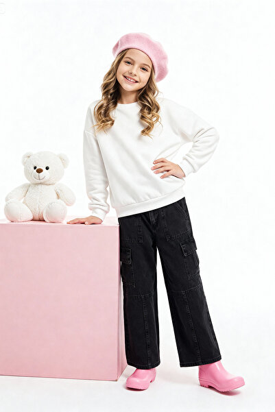 TRENDYOLKIDS Black 100% Cotton Cargo Pocket Flare Adjustable Elasticated Girls Denim Jeans Tkdaw26Je00004