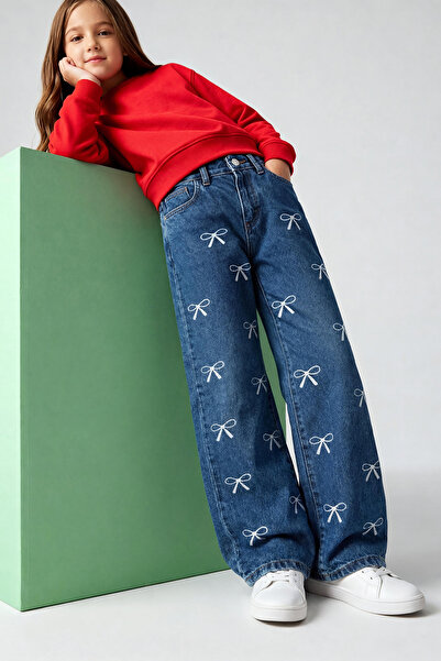 TRENDYOLKIDS Сині джинсові штани з 100% бавовни з візерунком на широких штанинах з еластичного деніму TKDSS25JE00007