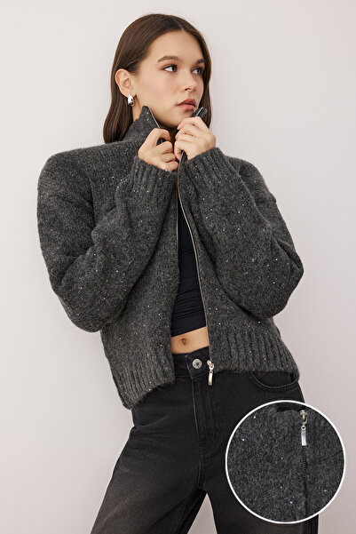 Trendyol Collection Anthracite Zipper Stand Collar Soft Textured Sequined Knitwear Cardigan Twoaw26Hi00053
