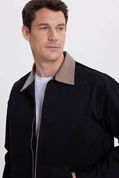 Tudors Men's Relax Fit Comfortable Cut Gabardine Straight Zippered Kangaroo Pocket Contrast Collar Black Shirt Jacket