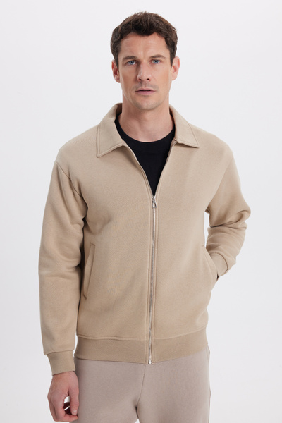 Tudors Unisex Relax Fit Comfortable Cut Cotton Inner Fleece Zippered Beige Polo Neck Flato Pocketed Sweatshirt Cardigan