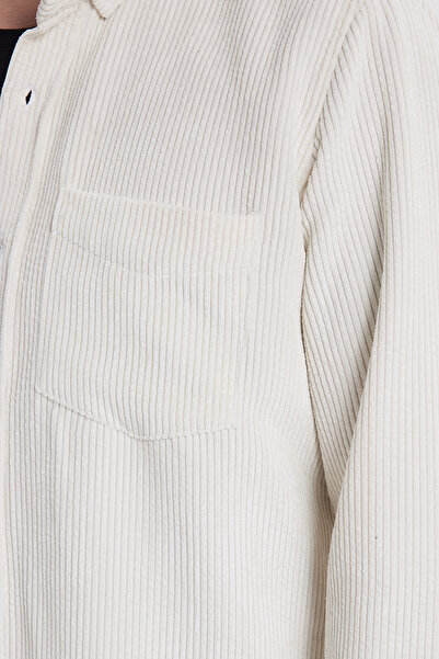 Tudors Men's Regular Fit Relaxed Cut Corded Fabric Velvet Look Buttoned Collar Cream Color Jacket Shirt