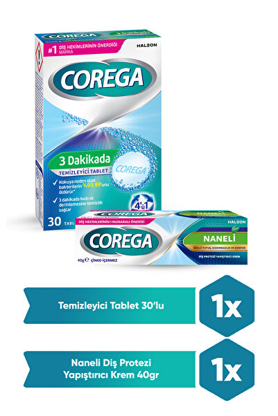 Corega Süper Protez Yapıştırıcı Krem Naneli 40gr + Cleanser Bio Temizleme Tableti 30'lu