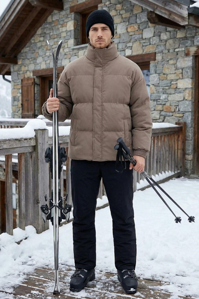 Trendyol Collection Oversize Winter Puffer Jacket - Ανοιχτό καφέ, γιακάς TMNAW24MO00012