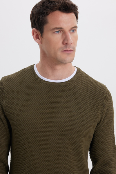 Tudors Men's Standard Fit Regular Cut Crew Neck Honeycomb Patterned Dark Khaki Sweater