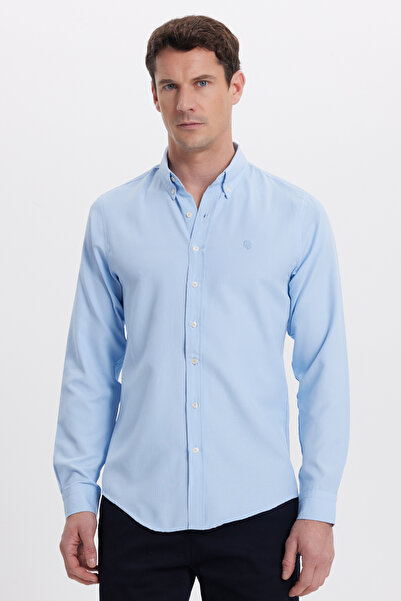 Tudors Men's Slim Fit Slim Fit Straight Oxford Embroidered Collar Buttoned Blue Sports Shirt