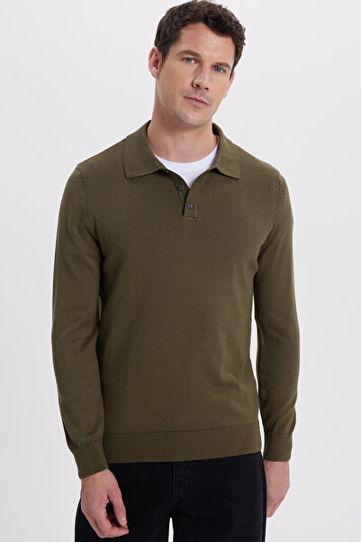 Tudors Men's Standard Fit Regular Cut Cotton Polo Neck Khaki Sweater