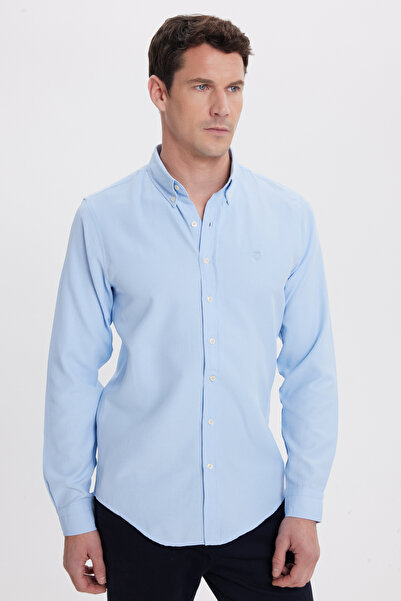 Tudors Men's Slim Fit Slim Fit Straight Oxford Embroidered Collar Buttoned Blue Sports Shirt