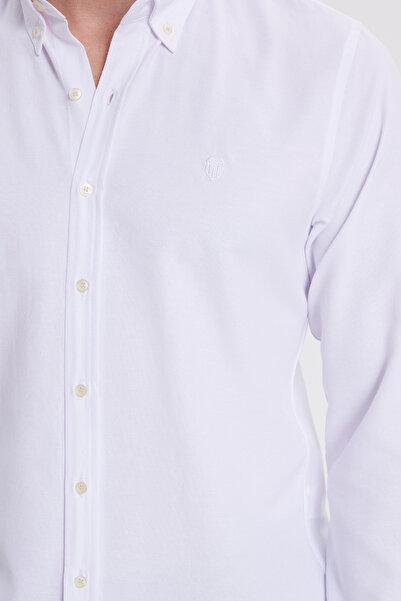 Tudors Men's Slim Fit Slim Fit Plain Oxford Embroidered Collar Buttoned White Sport Shirt