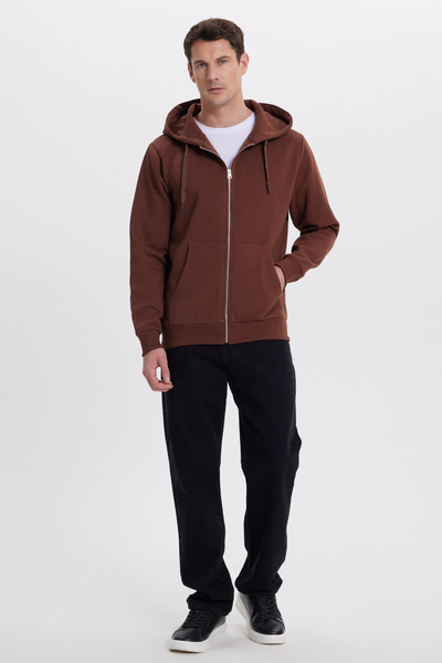 Tudors Unisex Relax Fit Relaxed Cut Βαμβακερό Fleece Εσωτερικό Διπλή Τσέπη Πλήρες φερμουάρ Καφέ Φούτερ με κουκούλα