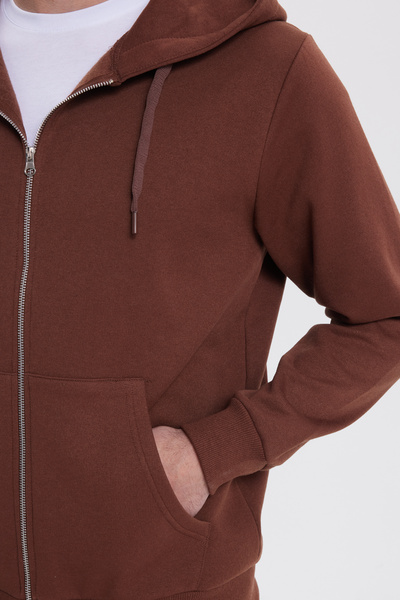 Tudors Unisex Relax Fit Relaxed Cut Βαμβακερό Fleece Εσωτερικό Διπλή Τσέπη Πλήρες φερμουάρ Καφέ Φούτερ με κουκούλα