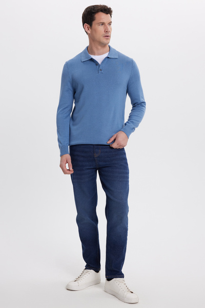 Tudors Men's Standard Fit Regular Cut Cotton Polo Neck Indigo Sweater