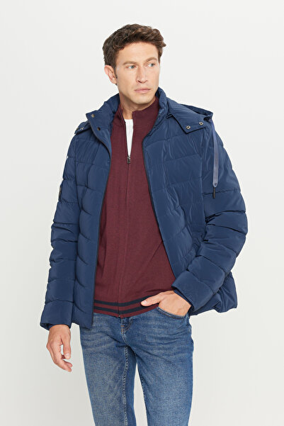 AC&Co / Altınyıldız Classics Men's Navy Blue Padded Standard Fit Regular Cut Stand Collar Hooded Side Pocket Jacket Coat