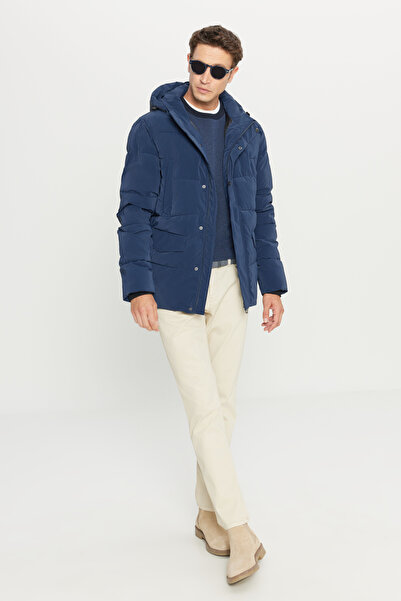 AC&Co / Altınyıldız Classics Men's Indigo Filled Standard Fit Regular Cut Stand Collar Hooded Jacket with Pocket