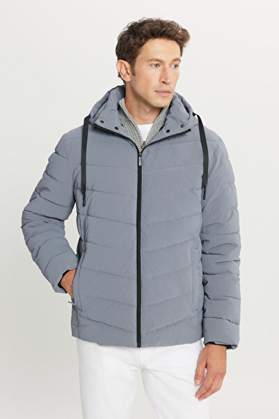 AC&Co / Altınyıldız Classics Men's Gray Padded Standard Fit Regular Cut Stand Collar Hooded Side Pocket Jacket Coat