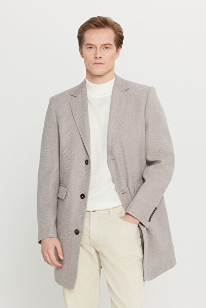 AC&Co / Altınyıldız Classics Ανδρικό παλτό μπεζ κανονικής εφαρμογής, κανονικής εφαρμογής, μονόχρωμο παλτό με κάλυμμα με λαιμόκοψη και τσέπες