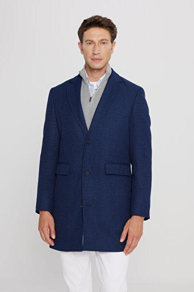 AC&Co / Altınyıldız Classics Men's Navy Blue Standard Fit Regular Cut Mono Collar Dobby Pocketed Coat Overcoat