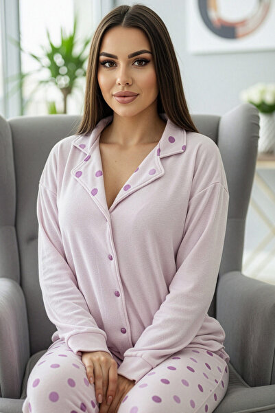 Pijamaevi Powder Pink Dot Pattern Thermal Front Buttoned Long Sleeve Women's Pajama Set