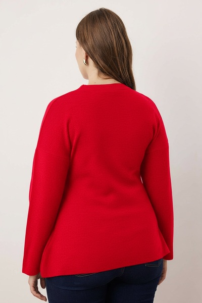 Trendyol Curve Rote Strickjacke mit V-Ausschnitt und Mercerized-Optik aus Premium-Garn/Spezialgarn TBBAW26AV00036