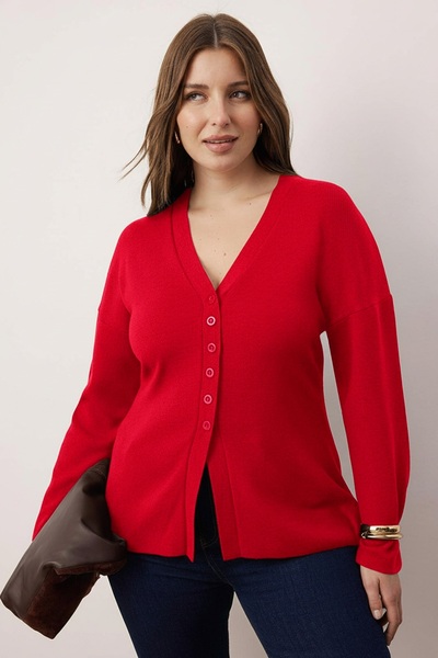 Trendyol Curve Rote Strickjacke mit V-Ausschnitt und Mercerized-Optik aus Premium-Garn/Spezialgarn TBBAW26AV00036