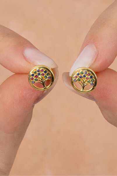 Söğütlü Silver Gümüş altın yaldızlı renkli taşlı hayat ağaçı modeli küpe  SGT...
