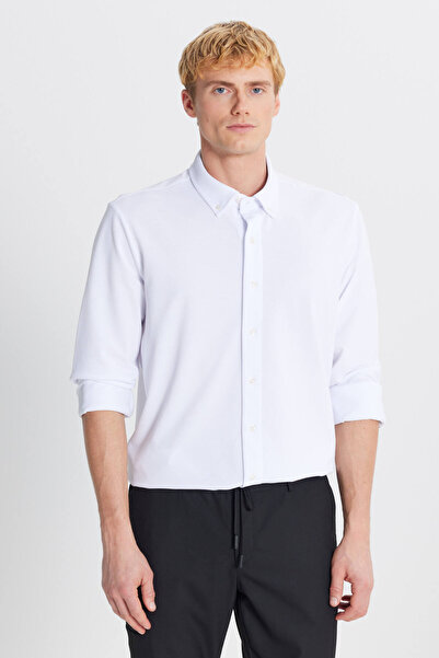 AC&Co / Altınyıldız Classics Men's White Cotton Tailored Slim Fit Slim Fit Button-Down Collar Knitted Shirt