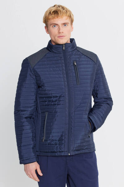 ALTINYILDIZ CLASSICS Men's Navy Blue Standard Fit Regular Cut Stand Collar Patterned Coat