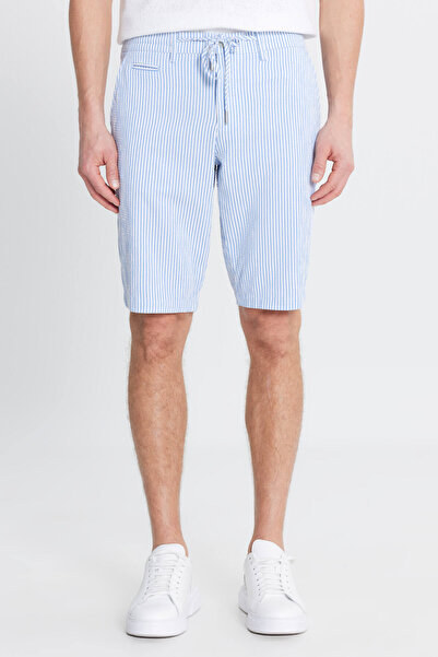 ALTINYILDIZ CLASSICS Men's White-Blue Slim Fit Slim Fit Side Pocket Seersucker Patterned Shorts